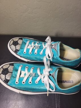 Converse All-Star  Teal Glitter Low-Tops with Rhinestone Toe W Sz 10 M Sz 8